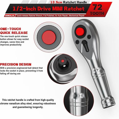 1/2-Inch Drive Stubby Ratchet, 13.5cm Ratchet Handle, 72-Tooth Quick-release Ratchet Wrench, Full Polished, for Auto Repair, Mechanical Repair in Kuwait