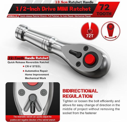 1/2-Inch Drive Stubby Ratchet, 13.5cm Ratchet Handle, 72-Tooth Quick-release Ratchet Wrench, Full Polished, for Auto Repair, Mechanical Repair in Kuwait
