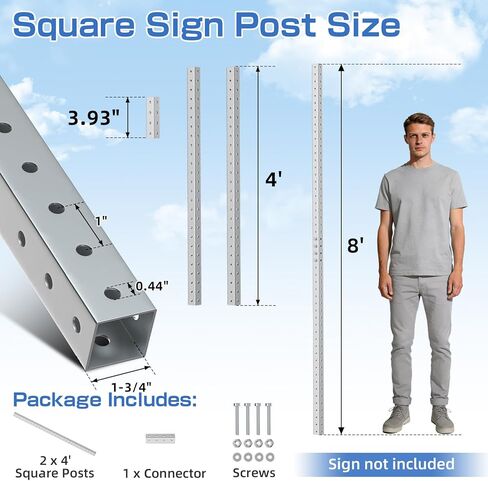 1-3/4" x 1-3/4" Square Sign Post 8 ft, Square Tubing with 7/16" Pre-Drilled Holes, Heavy Duty Galvanized Steel Tube, Perforated Metal Post for Real Estate, Parking, Street and Outdoor Signs in Kuwait