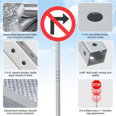 1-3/4" x 1-3/4" Square Sign Post 8 ft, Square Tubing with 7/16" Pre-Drilled Holes, Heavy Duty Galvanized Steel Tube, Perforated Metal Post for Real Estate, Parking, Street and Outdoor Signs in Kuwait