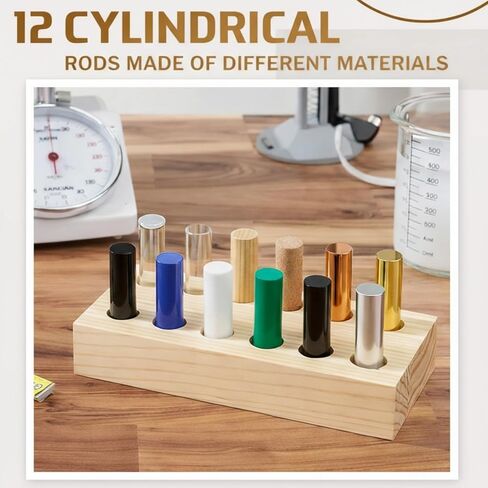 Yinkin 12 Pcs Cylindrical Bars Density ID Set, Hardwood, Softwood, Aluminum, Red Copper, Brass, Rubber, Pom, Nylon, PVC, Glass, Acrylic, PTFE with Block, for Density, Electrostatic Friction Experiment in Saudi Arabia