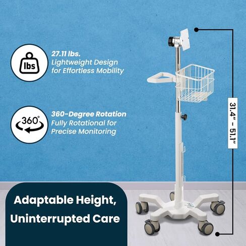 VivaDiagnostics Rolling Stand Vital Signs Monitor for WE 4400, (Monitor NOT Included), Blood Pressure Cuff Basket, Adjustable Pole, and Cord Organizer in Kuwait