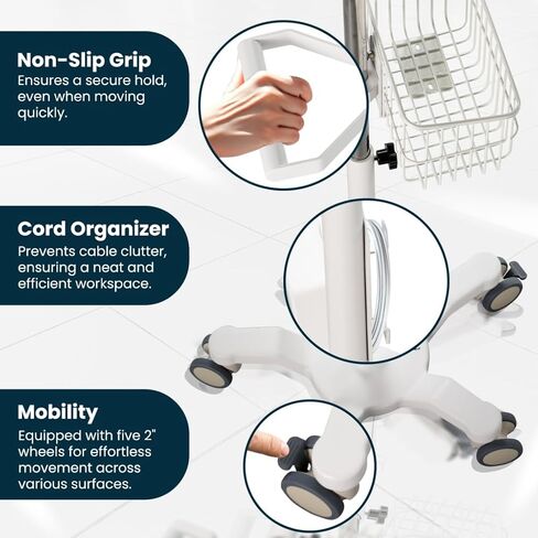 VivaDiagnostics Rolling Stand Vital Signs Monitor for WE 4400, (Monitor NOT Included), Blood Pressure Cuff Basket, Adjustable Pole, and Cord Organizer in Kuwait