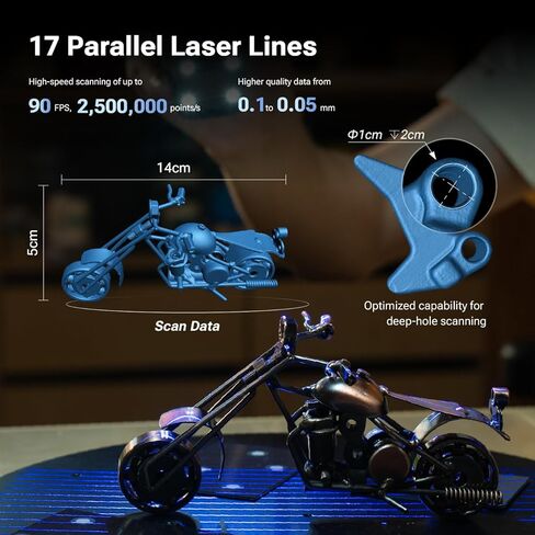 ماسح ضوئي لاسلكي ثلاثي الأبعاد من EINSTAR 2، و17 خطًا متوازيًا ليزر أزرق وضوء الأشعة تحت الحمراء VCSEL يدعم المسح الضوئي ثلاثي الأبعاد للأشياء الصغيرة إلى الكبيرة، ومسح ضوئي عالي السرعة يصل إلى 90 إطارًا في الثانية، ويدعم علامات 3 مم، 6 مم، 12 مم. in Kuwait