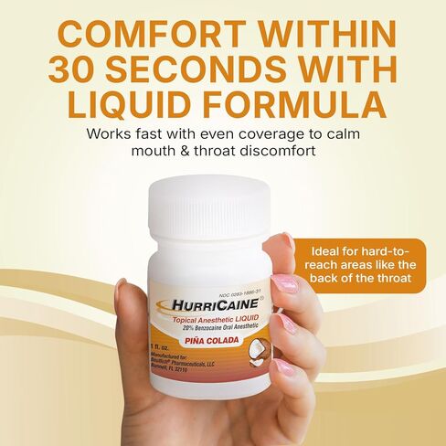Hurricaine Topical Anesthetic Liquid - Oral Anesthetic with Fast-Acting 20% Benzocaine - Precision Liquid Formula for Targeted Oral Use - Dentist-Trusted, OTC Formula - Pina Colada Flavor in Saudi Arabia