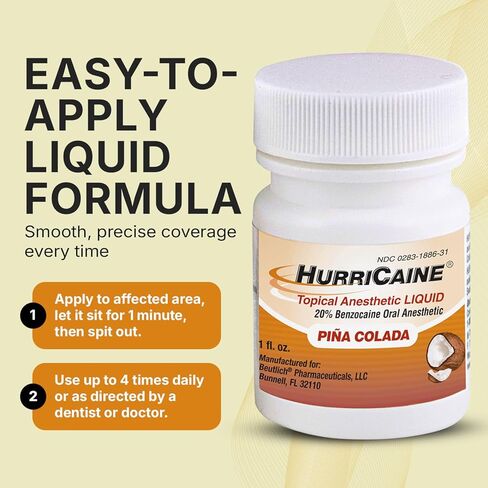 Hurricaine Topical Anesthetic Liquid - Oral Anesthetic with Fast-Acting 20% Benzocaine - Precision Liquid Formula for Targeted Oral Use - Dentist-Trusted, OTC Formula - Pina Colada Flavor in Saudi Arabia