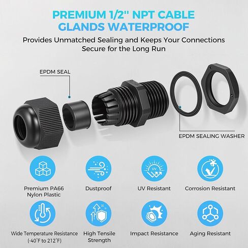 10PCS 1/2 inch NPT Cable Gland Waterproof, Industrial Grade IP68 Waterproof Cable Glands, Fits for 6-12mm Cable, Premium Nylon PA66 Strain Relief Wire Grommet Cord Grip for Junction Box in Saudi Arabia