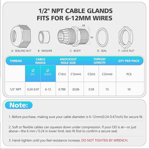 10PCS 1/2 inch NPT Cable Gland Waterproof, Industrial Grade IP68 Waterproof Cable Glands, Fits for 6-12mm Cable, Premium Nylon PA66 Strain Relief Wire Grommet Cord Grip for Junction Box in Saudi Arabia
