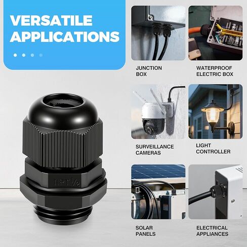10PCS 1/2 inch NPT Cable Gland Waterproof, Industrial Grade IP68 Waterproof Cable Glands, Fits for 6-12mm Cable, Premium Nylon PA66 Strain Relief Wire Grommet Cord Grip for Junction Box in Saudi Arabia
