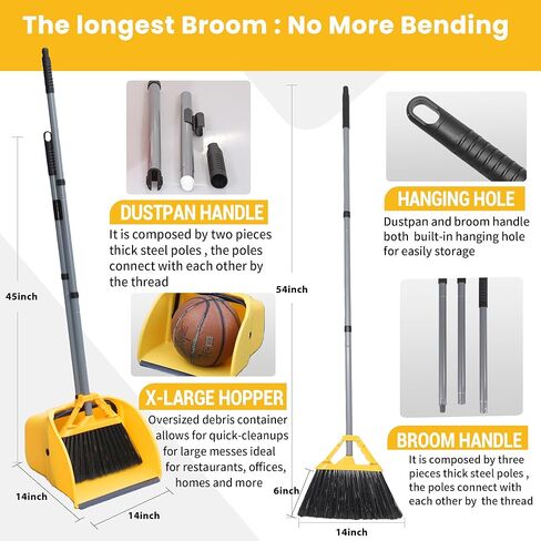 مجموعة المكنسة التجارية والمجارف، مجرفة حطام الردهة الكبيرة (14 بوصة × 14 بوصة)، مكنسة شديدة التحمل (عرض 14 بوصة)، للتنظيف الداخلي والخارجي، مجموعتان، أصفر in Kuwait