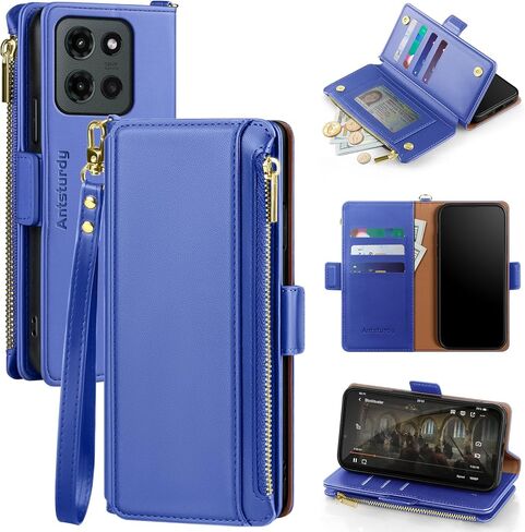 Antsturdy Compatible with Motorola Moto G 5G 2025 Wallet Case with Card Holder,Women Men PU Leather Flip RFID Blocking Stand Wrist Strap Zipper Credit Card Slots Shockproof Phone Cover,Wine Red in Saudi Arabia