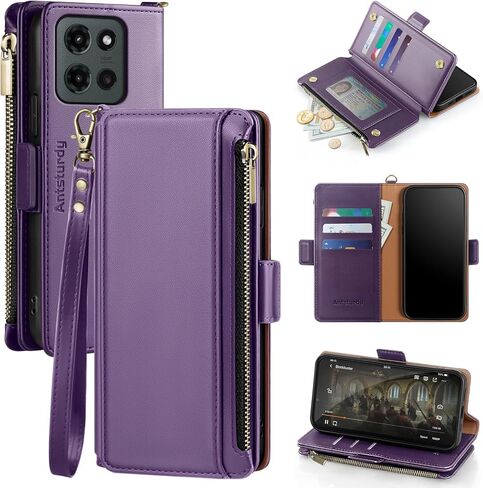 Antsturdy Compatible with Motorola Moto G 5G 2025 Wallet Case with Card Holder,Women Men PU Leather Flip RFID Blocking Stand Wrist Strap Zipper Credit Card Slots Shockproof Phone Cover,Wine Red in Saudi Arabia