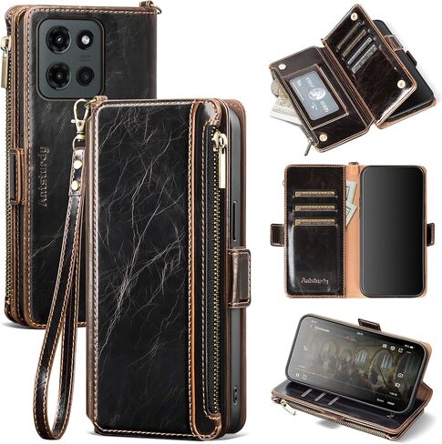 Antsturdy Compatible with Motorola Moto G 5G 2025 Wallet Case with Card Holder,Women Men PU Leather Flip RFID Blocking Stand Wrist Strap Zipper Credit Card Slots Shockproof Phone Cover,Wine Red in Saudi Arabia