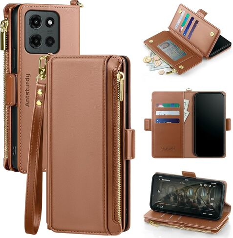 Antsturdy Compatible with Motorola Moto G 5G 2025 Wallet Case with Card Holder,Women Men PU Leather Flip RFID Blocking Stand Wrist Strap Zipper Credit Card Slots Shockproof Phone Cover,Wine Red in Saudi Arabia