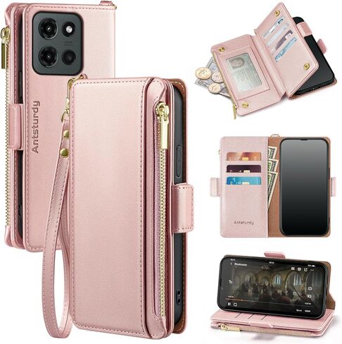 Antsturdy Compatible with Motorola Moto G 5G 2025 Wallet Case with Card Holder,Women Men PU Leather Flip RFID Blocking Stand Wrist Strap Zipper Credit Card Slots Shockproof Phone Cover,Wine Red in Saudi Arabia