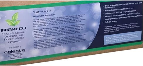 Celeste Biozyme EX3 LS-7200 Bio-Enzymatic Cleaner & Deodorizer (Case of 12 Quarts) | Digests Vomit, Urine & Organic Odors | NSF Certified & Hypoallergenic | For Aircraft & Transit Fabrics in Saudi Arabia