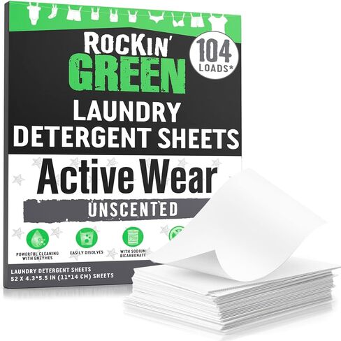 Rockin' Green Active Wear Travel Laundry Detergent Sheets Unscented - Mess-Free Laundry Sheets Detergent with Sodium Bicarbonate - Easily Dissolvable Laundry Soap for Traveling (104 Loads) in Saudi Arabia