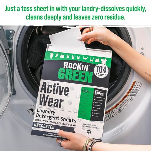 Rockin' Green Active Wear Travel Laundry Detergent Sheets Unscented - Mess-Free Laundry Sheets Detergent with Sodium Bicarbonate - Easily Dissolvable Laundry Soap for Traveling (104 Loads) in Saudi Arabia