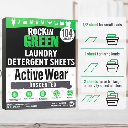 Rockin' Green Active Wear Travel Laundry Detergent Sheets Unscented - Mess-Free Laundry Sheets Detergent with Sodium Bicarbonate - Easily Dissolvable Laundry Soap for Traveling (104 Loads) in Saudi Arabia