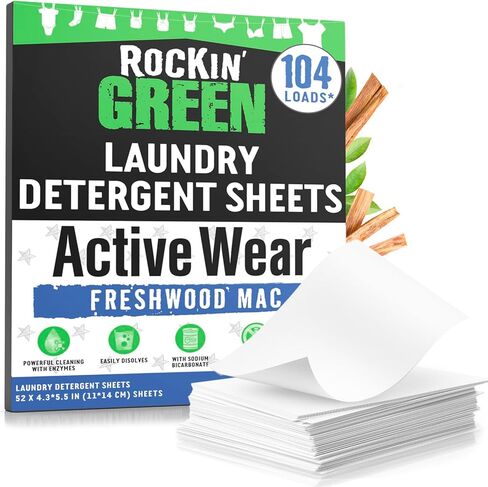 Rockin' Green Active Wear Travel Laundry Detergent Sheets Unscented - Mess-Free Laundry Sheets Detergent with Sodium Bicarbonate - Easily Dissolvable Laundry Soap for Traveling (104 Loads) in Saudi Arabia