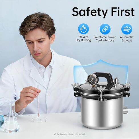 8L Portable Steam Autoclave Sterilizer, 110V High-Temperature 264.2°F Machine with Pot Lid & Wing Wrench, Stainless Steel Pressure Steam Cleaner for Home & Laboratory Use in Kuwait