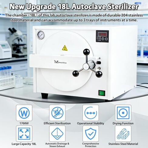 New Upgrade 18L Autoclave Sterilizer, 110V ~ 230V Tabletop Class N High Pressure Steam Sterilizer Autoclave Machine with Drying Function, LED Digital Display & Secure Door Lock （18L） in Kuwait