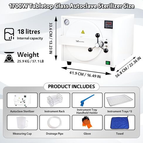 New Upgrade 18L Autoclave Sterilizer, 110V ~ 230V Tabletop Class N High Pressure Steam Sterilizer Autoclave Machine with Drying Function, LED Digital Display & Secure Door Lock （18L） in Kuwait
