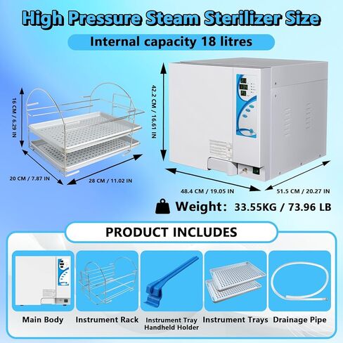 ترقية جديدة معقم الأوتوكلاف سعة 18 لترًا، معقم بخاري عالي الضغط فئة N بقدرة 1500 وات، آلة الأوتوكلاف 110 فولت مع وظيفة التجفيف، قفل باب آمن، تصريف تلقائي وعادم بخار (18 لترًا) in Kuwait
