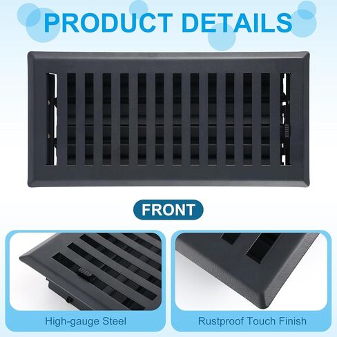 4 Pcs Floor Register 4" x 10" Black Vent Covers Heavy Duty Floor Register Metal Vent Covers with Adjustment Damper Rust Proof Finish for Home Floor Heater in Kuwait