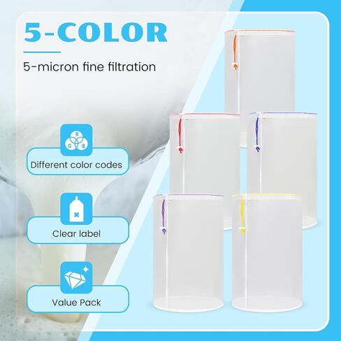 5-Gallon Mesh Filter Bags, 5 Color Fine Nylon Mesh Strainer Bag Set, Reusable Filter Bag for 5 Gallon Bucket, Premium Pressing Screen & Storage Pouch (25 to 220-Micron) in Kuwait