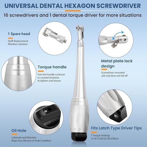 Implant Universal Hex Driver Screw Screwdriver Kit, with (5-35N.Cm) 7 Kinds of Torque +16 Universal Screws, Metal Plate Lock Design, Dual Head Design, for Dental Clinic in Kuwait