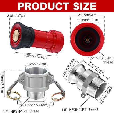 Pelopy Fire Hose Nozzle 1.5 Inch Npsh/npt Thermoplastic Fire Spray Jet Fog with 1.5 Inch Aluminum Female and Male Fitting Npt Thread Cam Lock Fitting (part a B D & F) Cam Groove Hose Kit in Saudi Arabia