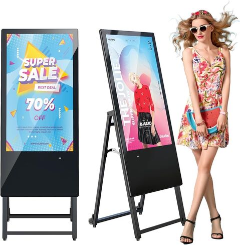 JIYANG 32 Inch Indoor Digital Signage Display,Floor Standing Advertising Digital Kiosk with Wheels,Portable LCD Poster Totem Support HDMI Input,Split Screen,Timed Open/Off,Android System in Kuwait