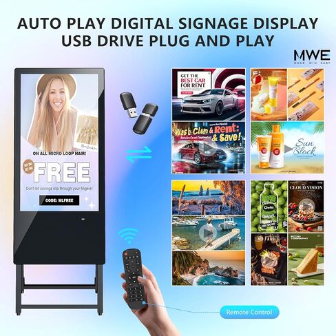 JIYANG 32 Inch Indoor Digital Signage Display,Floor Standing Advertising Digital Kiosk with Wheels,Portable LCD Poster Totem Support HDMI Input,Split Screen,Timed Open/Off,Android System in Kuwait