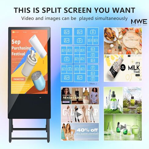 JIYANG 32 Inch Indoor Digital Signage Display,Floor Standing Advertising Digital Kiosk with Wheels,Portable LCD Poster Totem Support HDMI Input,Split Screen,Timed Open/Off,Android System in Kuwait