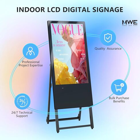 JIYANG 32 Inch Indoor Digital Signage Display,Floor Standing Advertising Digital Kiosk with Wheels,Portable LCD Poster Totem Support HDMI Input,Split Screen,Timed Open/Off,Android System in Kuwait