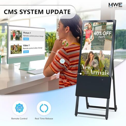 JIYANG 32 Inch Indoor Digital Signage Display,Floor Standing Advertising Digital Kiosk with Wheels,Portable LCD Poster Totem Support HDMI Input,Split Screen,Timed Open/Off,Android System in Kuwait