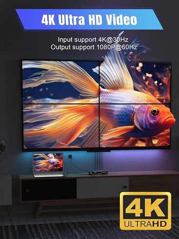 وحدة تحكم حائط فيديو 4 قنوات 2 × 2 1 × 4 HDMI DVI VGA USB معالج فيديو مع تحكم في 4 توصيل تلفزيون، يدعم 4K وتدوير 180 درجة in Kuwait