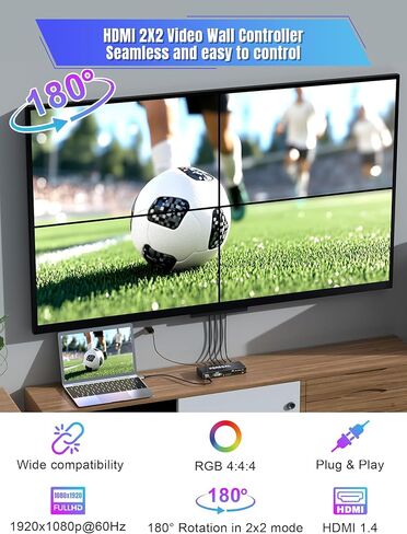 وحدة تحكم حائط فيديو 4 قنوات 2 × 2 1 × 4 HDMI DVI VGA USB معالج فيديو مع تحكم في 4 توصيل تلفزيون، يدعم 4K وتدوير 180 درجة in Kuwait