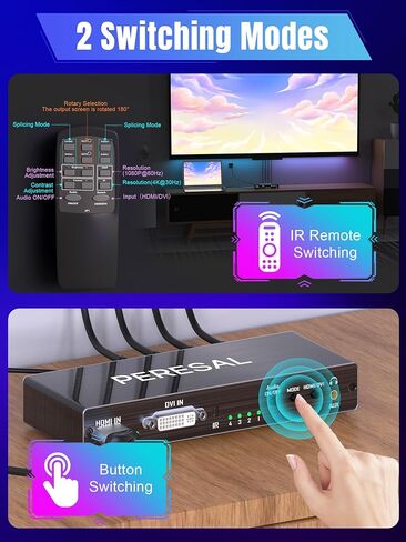 وحدة تحكم حائط فيديو 4 قنوات 2 × 2 1 × 4 HDMI DVI VGA USB معالج فيديو مع تحكم في 4 توصيل تلفزيون، يدعم 4K وتدوير 180 درجة in Kuwait