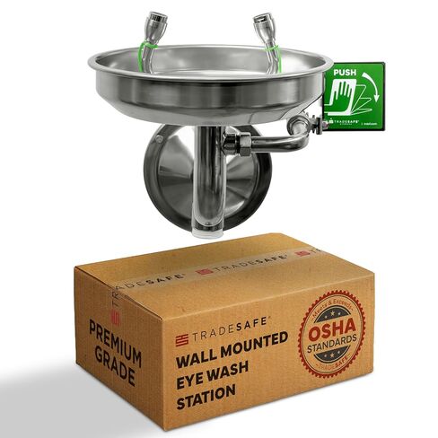 TRADESAFE Eye Wash Station OSHA Approved - Wall Mounted Emergency Eye Wash Station, Stainless Steel Eyewash Station, Aluminum Eye Wash Station Sign Included in Saudi Arabia