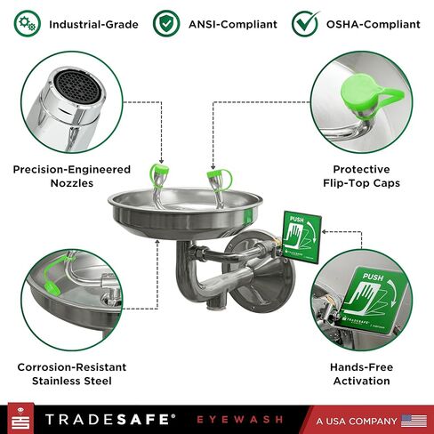 TRADESAFE Eye Wash Station OSHA Approved - Wall Mounted Emergency Eye Wash Station, Stainless Steel Eyewash Station, Aluminum Eye Wash Station Sign Included in Saudi Arabia