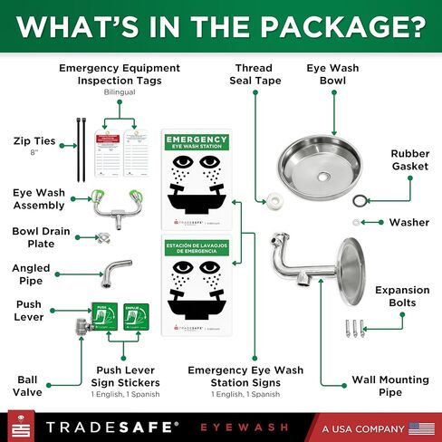 TRADESAFE Eye Wash Station OSHA Approved - Wall Mounted Emergency Eye Wash Station, Stainless Steel Eyewash Station, Aluminum Eye Wash Station Sign Included in Saudi Arabia