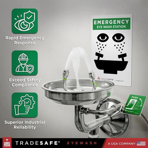 TRADESAFE Eye Wash Station OSHA Approved - Wall Mounted Emergency Eye Wash Station, Stainless Steel Eyewash Station, Aluminum Eye Wash Station Sign Included in Saudi Arabia