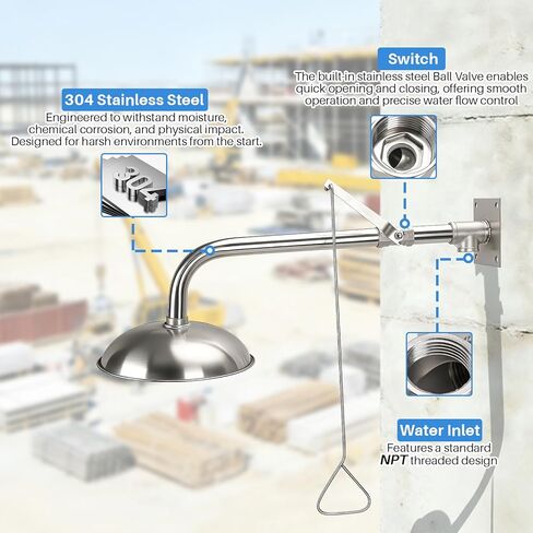 محطة دش الطوارئ مثبتة على الحائط، رأس غمر أفقي مع خيط NPT تدفق 75.7 لتر/دقيقة لورشة عمل مصنع المختبر in Kuwait