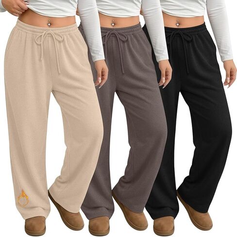 3 Pack Women's Plus Size Pants Fleece Lined Wide Leg Sweatpants with Pocket High Waist Drawstring Yoga Lounge Pants in Kuwait