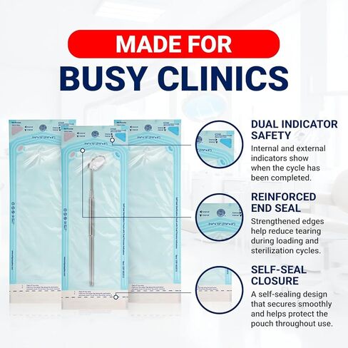 Arrigo Self-Sealing Sterilization Pouches 3.5" x 10" – 200 Count – Autoclave Bags with Internal & Dual (Int/Ext) Indicators – Latex-Free, Medical-Grade for Dental, Health & Beauty in Kuwait