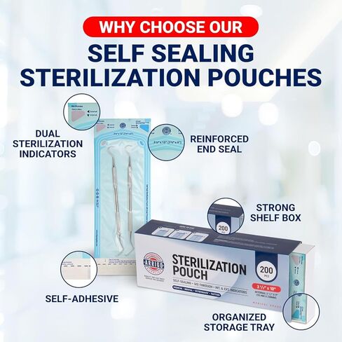 Arrigo Self-Sealing Sterilization Pouches 3.5" x 10" – 200 Count – Autoclave Bags with Internal & Dual (Int/Ext) Indicators – Latex-Free, Medical-Grade for Dental, Health & Beauty in Kuwait