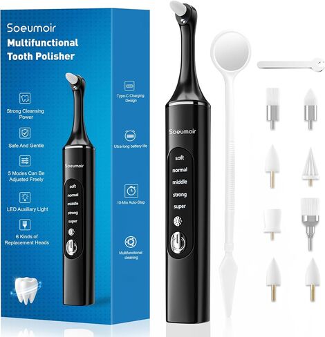 Tooth Polisher,Rechargeable Tooth Whitening Kit for Teeth Cleaning and Whitening, with 8 Brush Heads, LED Light, 5 Speed Modes Dental Polisher Personal Dental Care Kit for Home Use and Travel in Kuwait