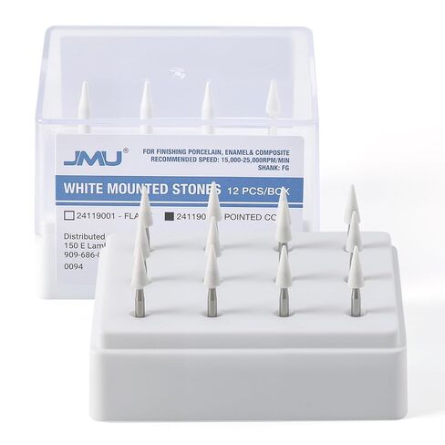 JMU FG White Mounted Stone, Pointed Cone Aluminum Oxide Finishing Stones, for Dental Enamel & Porcelain Finishing, 12 Pcs/Box in Kuwait